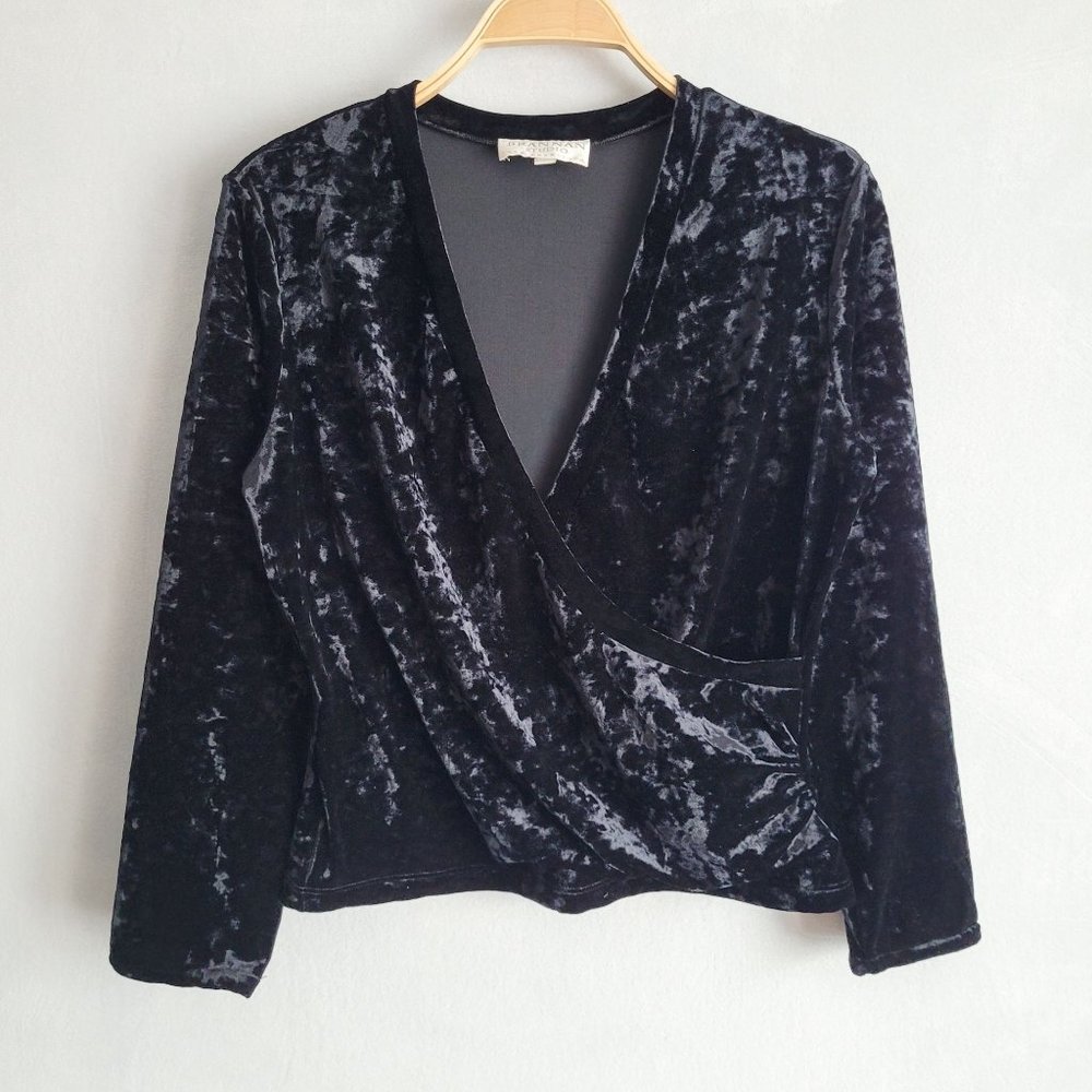 Brannan Studio Black Crushed Velvet Faux Wrap Pullover Long Sleeve Top Large